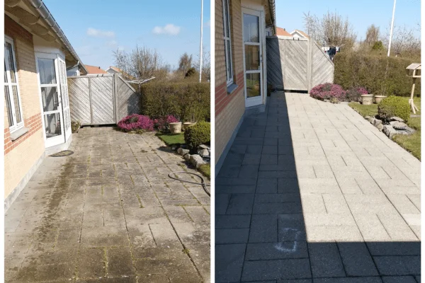 Før og efter billede af af fliserensning af terrasse
