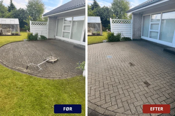 Før og efter billede af rensning af fliser med den skrabede pakke